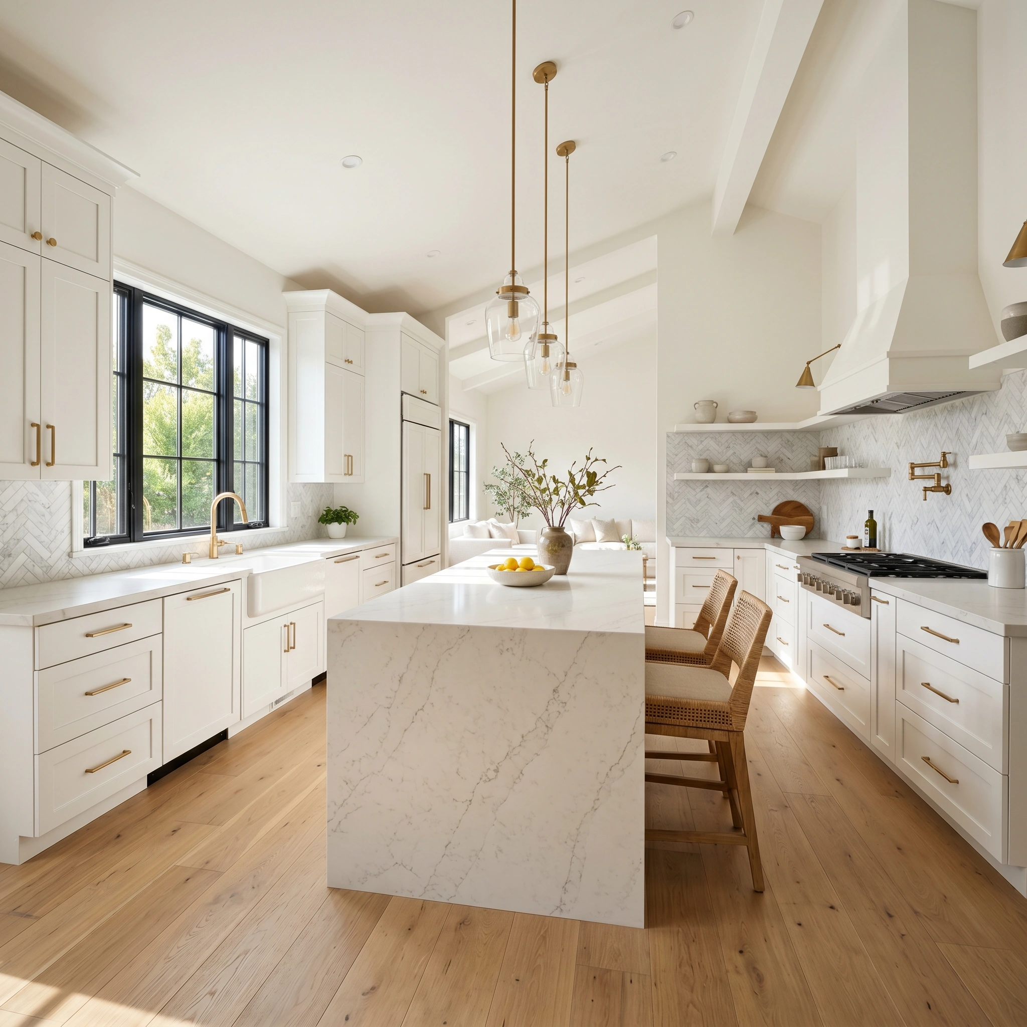 Kitchen remodeling in Belmont CA completed by Barzel Builders showing custom cabinetry and quartz countertops