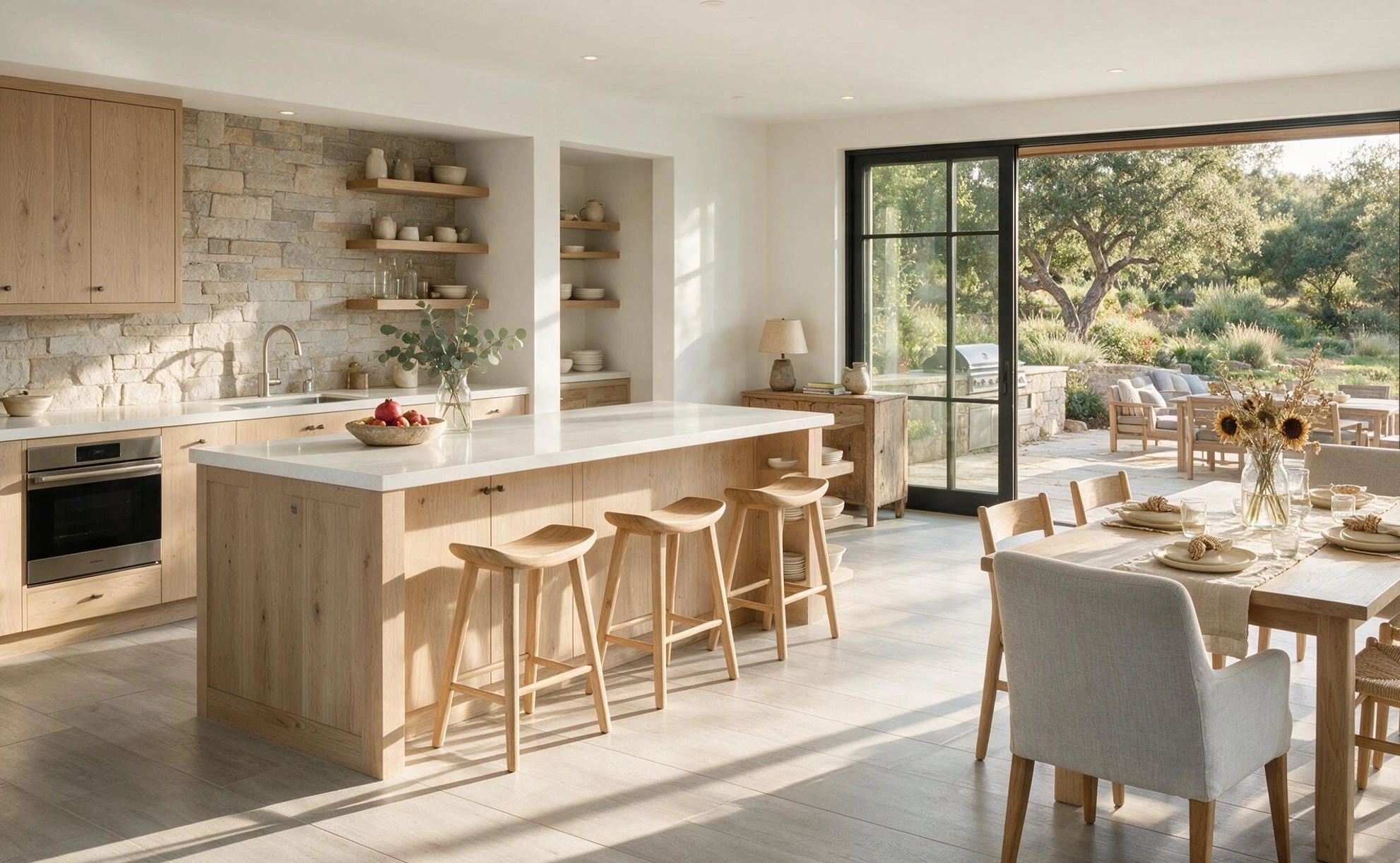 Open concept kitchen remodeling Palo Alto with light oak cabinets, white quartz island, stone backsplash, and seamless indoor outdoor living by Barzel Builders